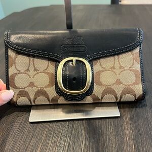 Coach Bleeker Signature Black Brown Leather Buckle Flap Clutch Wallet